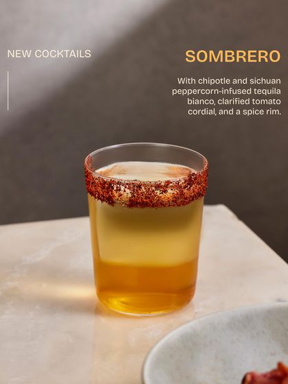 The Sombrero is a cocktail with a quiet fire. I infuse tequila blanco with chipotle and Sichuan peppercorn, then mix it with a clarified tomato cordial for a smoky, spicy, and complex drink.