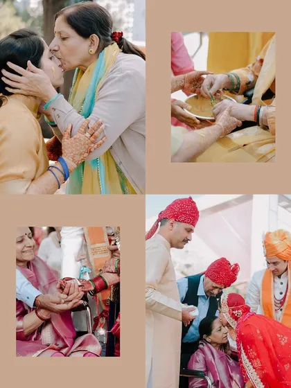 A collage of four images from a traditional Indian wedding, focusing on blessings from elders. These photos highlight the importance of family rituals and intergenerational connections during the ceremony.