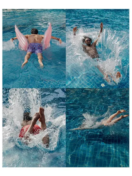 A collage from a Thailand pool party, showing guests having a blast with floats, splashes, and underwater fun.