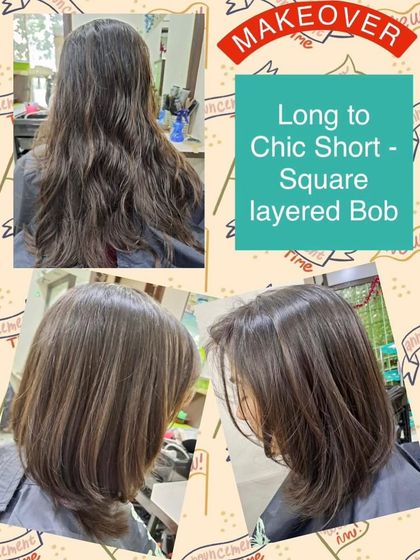 A makeover from long hair to a chic, short, square layered bob. This cut offers a strong, fashionable silhouette with plenty of texture.