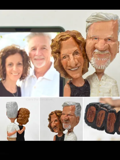 This set of images showcases a custom couple figurine from multiple perspectives. You can see the final painted piece, how they embrace from the back, and the personalized signature on the base, showing the complete journey from photo to a finished keepsake.