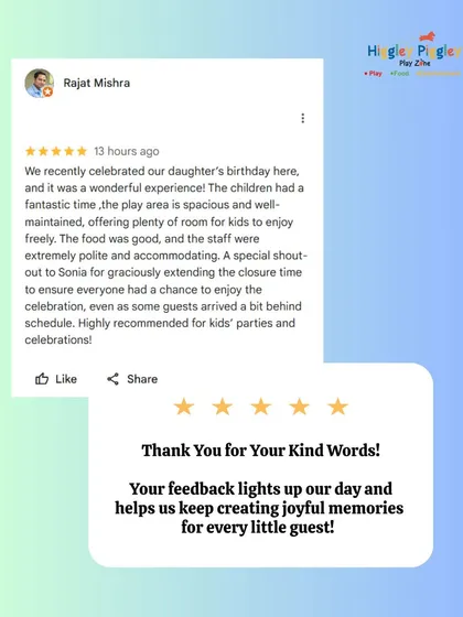 This detailed review highlights our spacious and well-maintained play area, good food, and polite staff. I was happy to extend their time to ensure everyone could enjoy the celebration.