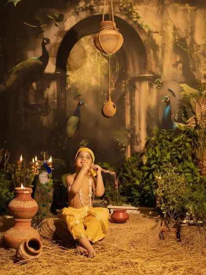 A young boy is captured in a detailed, thematic photoshoot as Lord Krishna. He sits playfully amidst a Vrindavan-inspired set with earthen pots, peacock feathers, and warm lighting, showcasing a creative and culturally rich portrait.