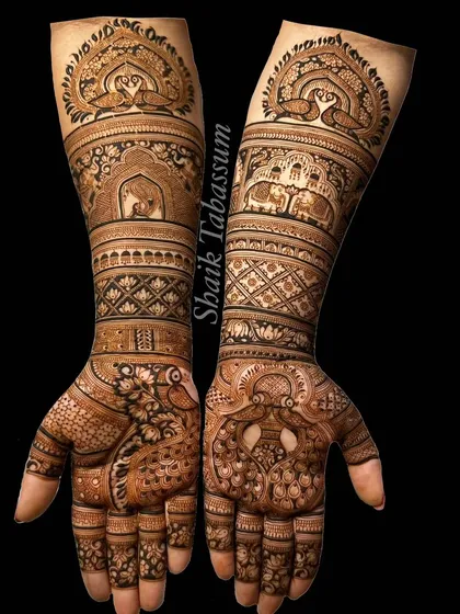 My work often features timeless traditional motifs. This design showcases majestic peacocks and elephants, symbols of grace and royalty, blended with classic Indian architectural patterns.