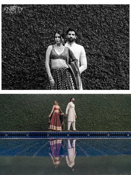 I love playing with reflections and monochrome. This creative composition uses the pool to create a mirror image, adding an artistic and dramatic flair to Malvika and Pranav's pre-wedding portraits.