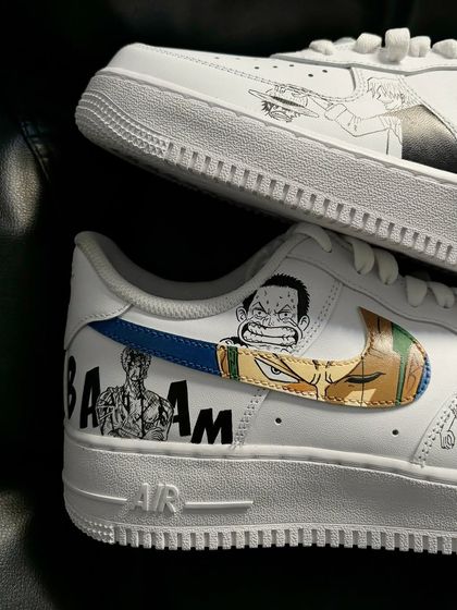 A detailed close-up of the Zoro-themed manga panel art on the custom Nike Air Force 1s.