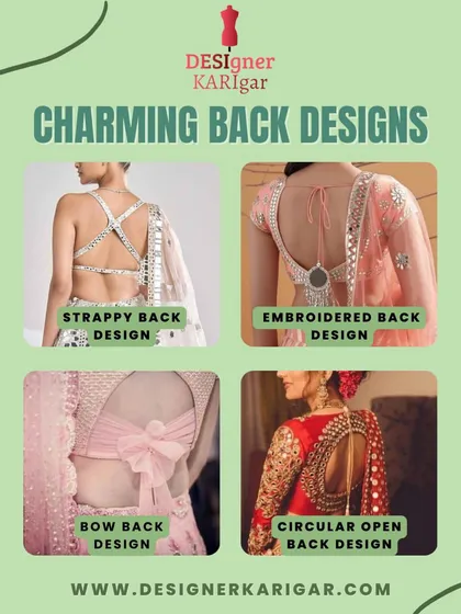 More charming back designs, including a strappy back, an embroidered back with a mirror-work accent, a large bow back, and a circular open back.