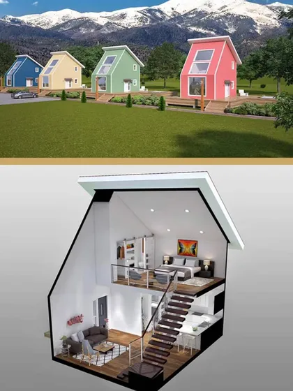A 3D concept for a colorful prefabricated cottage community in a hilly area. The cutaway view shows a two-level interior with a bedroom, living area, and workspace, demonstrating efficient space planning.