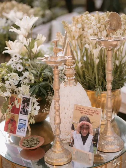 More examples of our personalized table placards, featuring the couple's pets and funny memes that tell their unique love story.