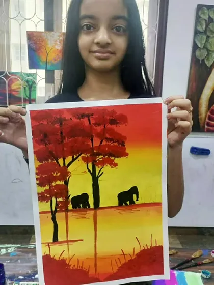 This student created a serene scene of elephants by the water, beautifully capturing their reflection. It is a wonderful study in symmetry and light.