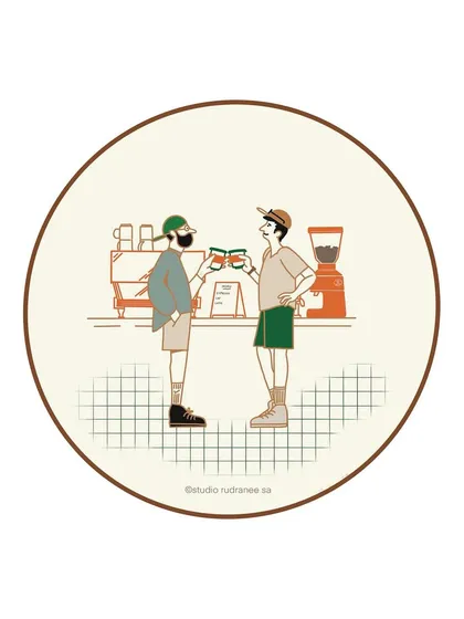 An illustration of a customer and barista sharing a "cheers" with their coffee cups. This series aims to capture the sense of community and connection found in a local coffee shop.
