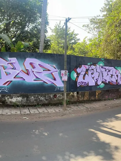 Another angle of the Devnagri piece from Goa. The simple lavender and purple letters stand out against the dark wall, making the script easy to read even with the graffiti style.
