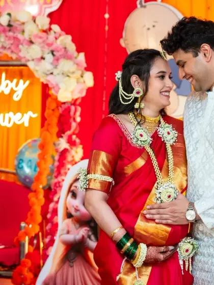 Celebrating your baby shower is a milestone filled with joy. I capture all the candid smiles, traditional details, and happy moments, like this one at a beautifully decorated Maharashtrian baby shower.