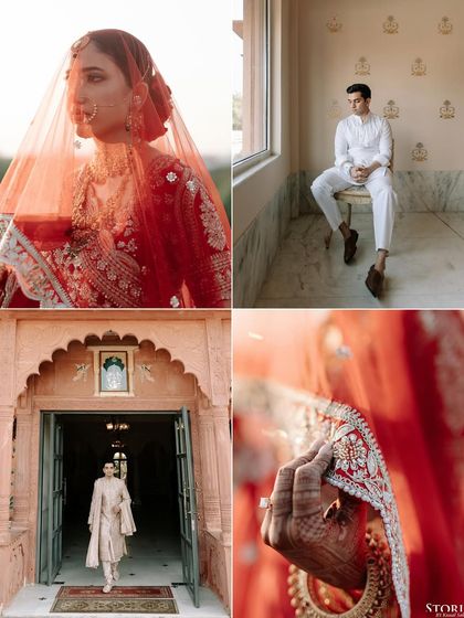 A collage of portraits of the bride, Muskan. The shots highlight her red bridal lehenga, the fine details of her veil, and her confident poses against the palace architecture.