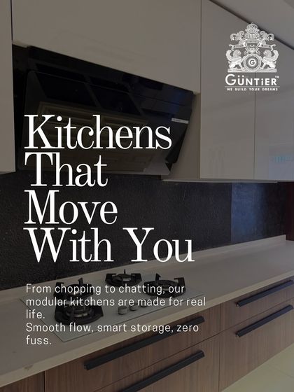 Our modular kitchens are designed for the flow of real life. This setup combines wood-grain lower cabinets with glossy white upper cabinets, creating a beautiful contrast that is both stylish and practical.