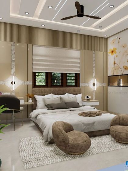 A spacious and elegant bedroom render, featuring a large bed, comfortable seating, and a TV unit with a stone-finish accent.