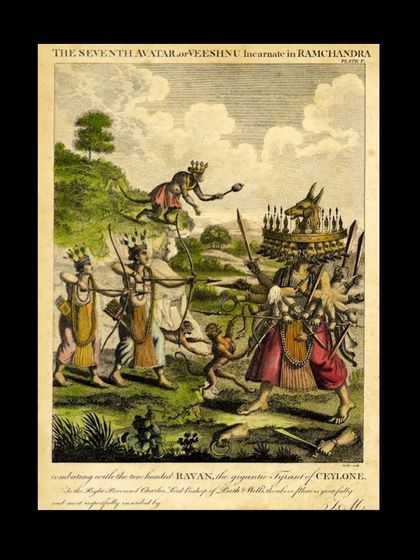 A hand-colored woodcut engraving by Thomas Maurice, circa 1798. It depicts the seventh avatar of Vishnu, Ramachandra, in combat with the ten-headed Ravana, a classic scene from Hindu mythology.