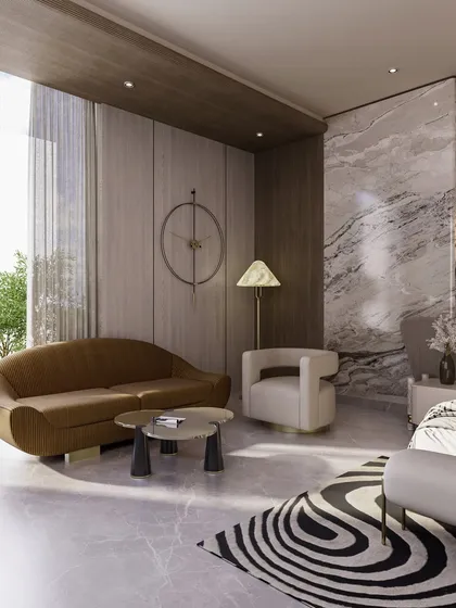 The full view of the master suite reveals a spacious layout with a dedicated seating area. The design uses a mix of textures, from the corduroy sofa to the graphic rug, to add depth and personality to the luxurious space.