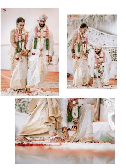 A collage detailing the Saptapadi, or seven steps, a significant ritual in Hindu weddings. We capture these traditions from creative angles to tell a complete story.