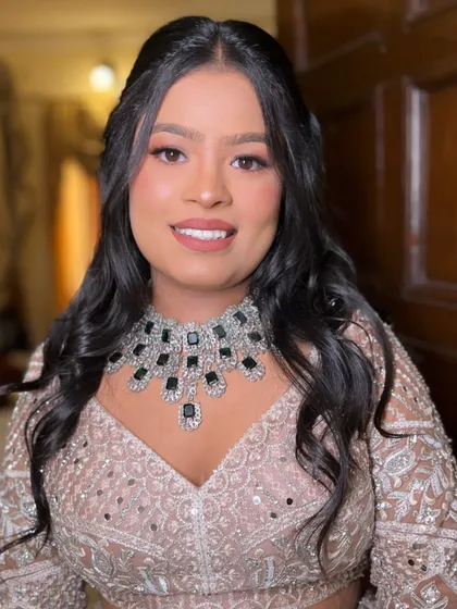 Getting my client Sanchita ready for her cocktail night. We went for a soft glam look with a nude pink lip that perfectly balanced her statement black and silver necklace.