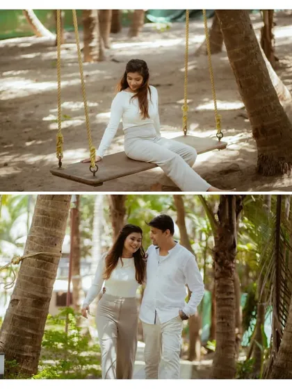 A collage highlighting different scenes around a resort, including solo portraits on a swing and romantic walks among the palm trees.