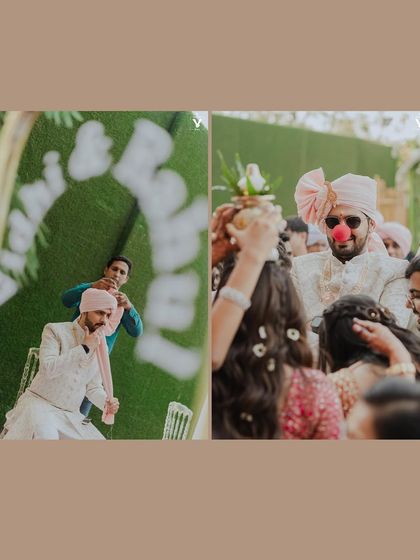 A collage of candid moments from the wedding, including the groom getting his nose playfully pulled during a ritual. These shots capture the fun and traditions of an Indian wedding.