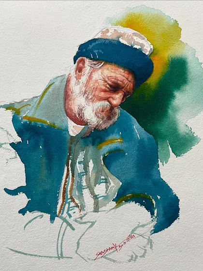 This expressive watercolor portrait was created during an online class demonstration. I used a limited color palette to focus on the subject's features and the play of light and shadow on his face.