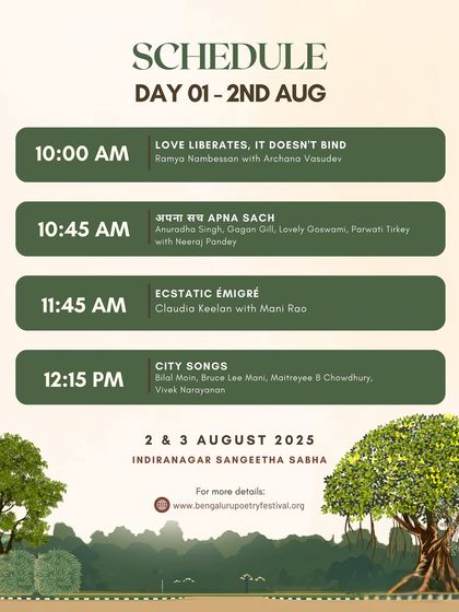 The morning schedule for Day 1 of BPF 2025, with sessions on love, truth, and city songs, featuring a diverse range of poets.