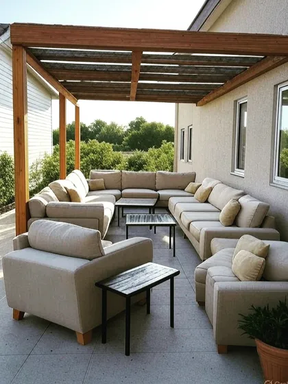 A simple, light-wood pergola attached to the house, providing shade for a large, comfortable sectional sofa. This design is perfect for creating a casual and spacious patio lounge.