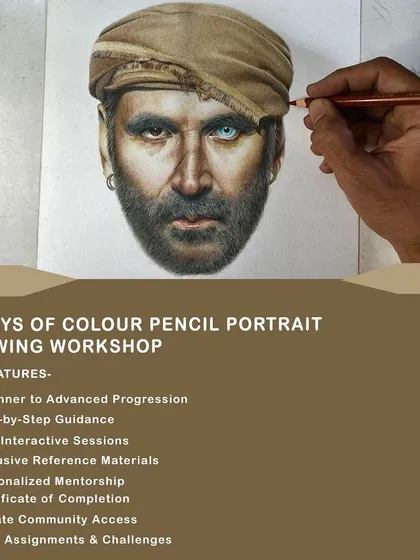 My 15-day Colour Pencil Portrait Drawing Workshop is designed for everyone, from beginner to advanced artists. This poster highlights the key features, including live interactive sessions, personalized mentorship, and step-by-step guidance to help you create stunning portraits like this one of Akshay Kumar.