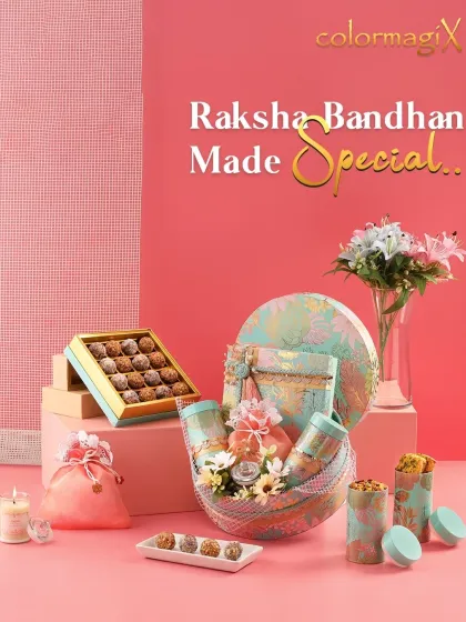 Make Raksha Bandhan special with our stunning pastel-themed hamper. It features a unique basket, a box of laddus, and other treats, all designed in a beautiful turquoise and peach floral print.