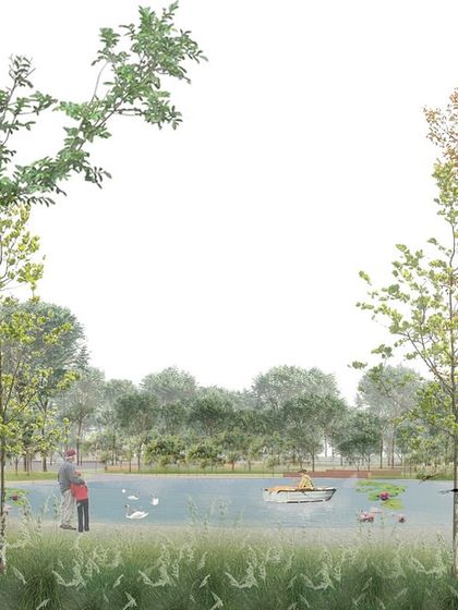 This render depicts a quiet corner of the proposed park in Kharkiv, with a large water body surrounded by naturalistic plantings. My aim was to create a biodiverse environment where city dwellers could reconnect with nature.