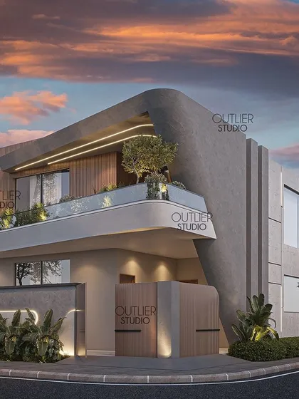 My architectural style often involves creating dynamic, flowing forms. This home's facade features a bold, curved concrete element that wraps around the balcony, softened by the warmth of wood paneling and integrated lighting for a dramatic effect.