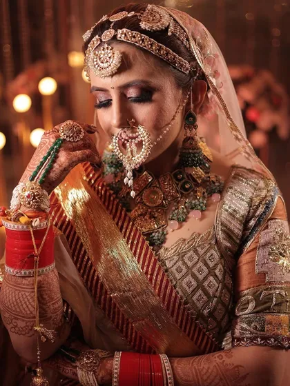 A close-up on the stunning nath and layered necklace. The intricate details and combination of stones create a look of pure bridal opulence.