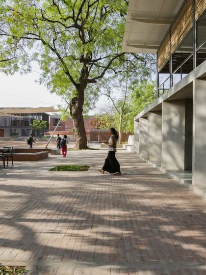 The North Canteen at CEPT University is conceived as an open-air pavilion nestled within the campus landscape. The design prioritizes natural ventilation and shaded outdoor seating, creating a comfortable and popular gathering spot for students and faculty.
