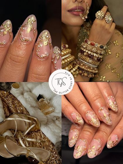 A mood board capturing the essence of a traditional Indian bride. This collage pairs an ornate gold and pearl bridal nail set with images of classic jewelry and accessories.