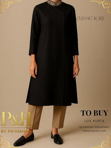 A full-length view of the black angrakha kurta paired with beige trousers, showcasing its elegant and flattering silhouette.