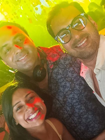 A selfie from the DJ booth with friends. It's a party up here too.