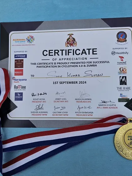 We are proud to be a part of major city-wide fitness events. This certificate of appreciation and medal from the Cyclothon 4.0 at Decathlon Sarjapur is a testament to our commitment to promoting community health and corporate wellness.