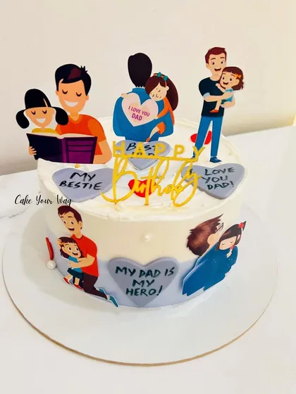 "My Dad is My Hero." This cake is a collage of love and appreciation for a special father.
