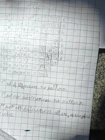 A child's notes on finding the pattern in the difference between successive cubes. This is the heart of mathematical thinking: not just calculating, but searching for patterns and making discoveries.