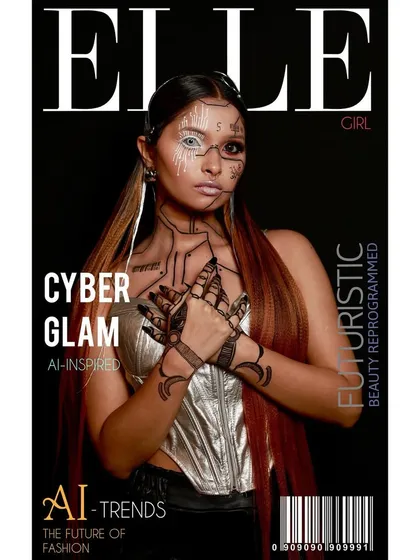 This Cyber Glam look, featured as an ELLE Girl cover, is a perfect example of my passion for futuristic, AI-inspired beauty. I used precise line work and contrasting textures to create a look that is both edgy and high-fashion, showcasing my skills in avant-garde makeup artistry.
