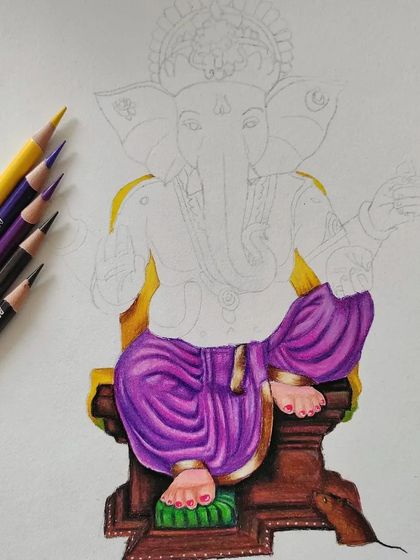 Another view of the Ganesha work-in-progress, showing the full outline and the initial coloring stages.
