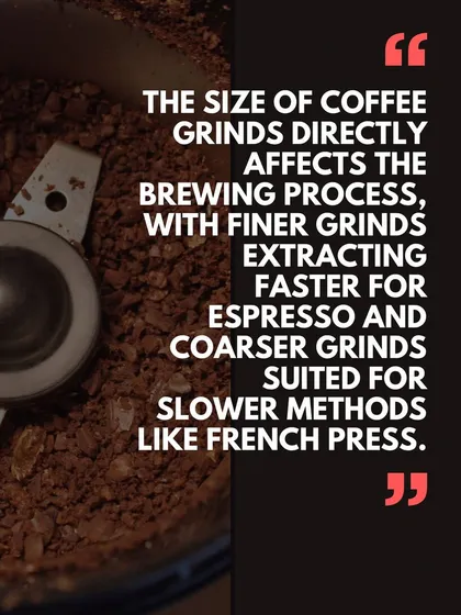 A quote graphic emphasizing that grind size directly affects the brewing process. Finer for espresso, coarser for French press.