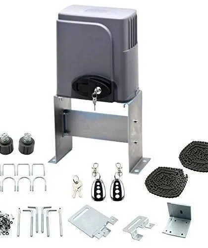 This image displays a complete kit for a sliding gate automation system. It includes the powerful motor, mounting hardware, chains, and remote controls, representing the high quality components we use for every installation value to ensure secure and reliable access to your property.