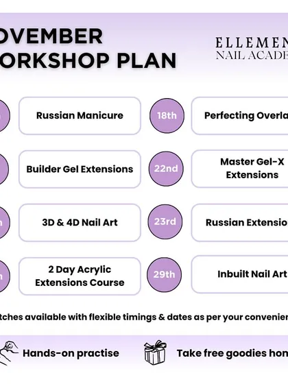 Our November workshop calendar is here. We have courses covering everything from Russian Manicure and 3D Nail Art to Builder Gel, Gel-X, and Acrylic Extensions, with flexible dates available.