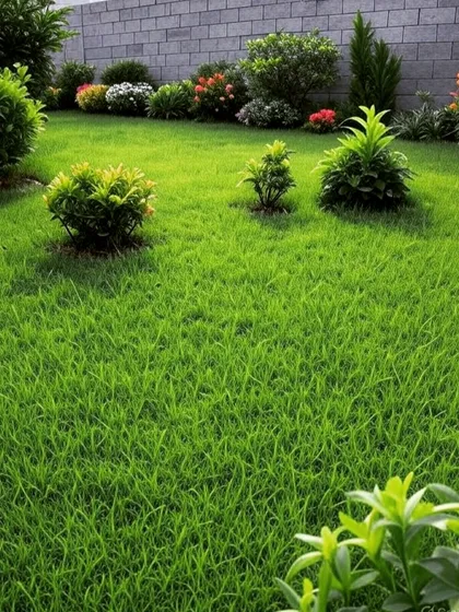 A small garden with a brick wall boundary. The space is filled with a healthy lawn and a mix of small trees and shrubs, showing how to maximize greenery in a compact area.
