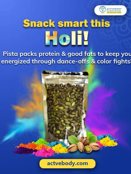Snack smart this Holi! This image of pistachios amidst Holi colors explains that they pack protein and good fats to keep you energized through all the dance-offs and color fights.