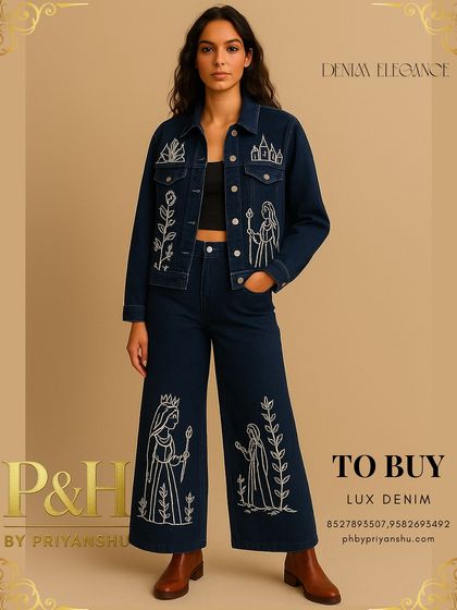 A full-length view of the story-embroidered denim set, styled with brown boots. The placement of the embroidery on the jacket and pant legs creates a cohesive and artistic statement.