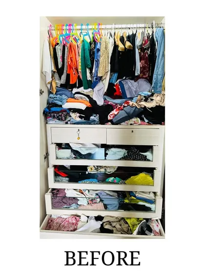 Before: A wardrobe in complete disarray, with clothes stuffed into every available space and drawers overflowing.